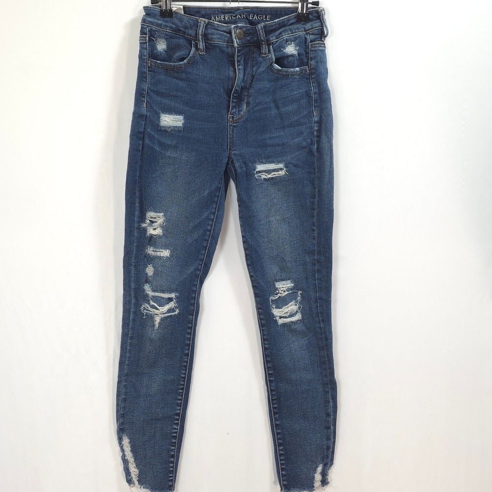 American Eagle Super Hi-Rise Jegging Distressed Blue Womens 4 Short Edgy Boho